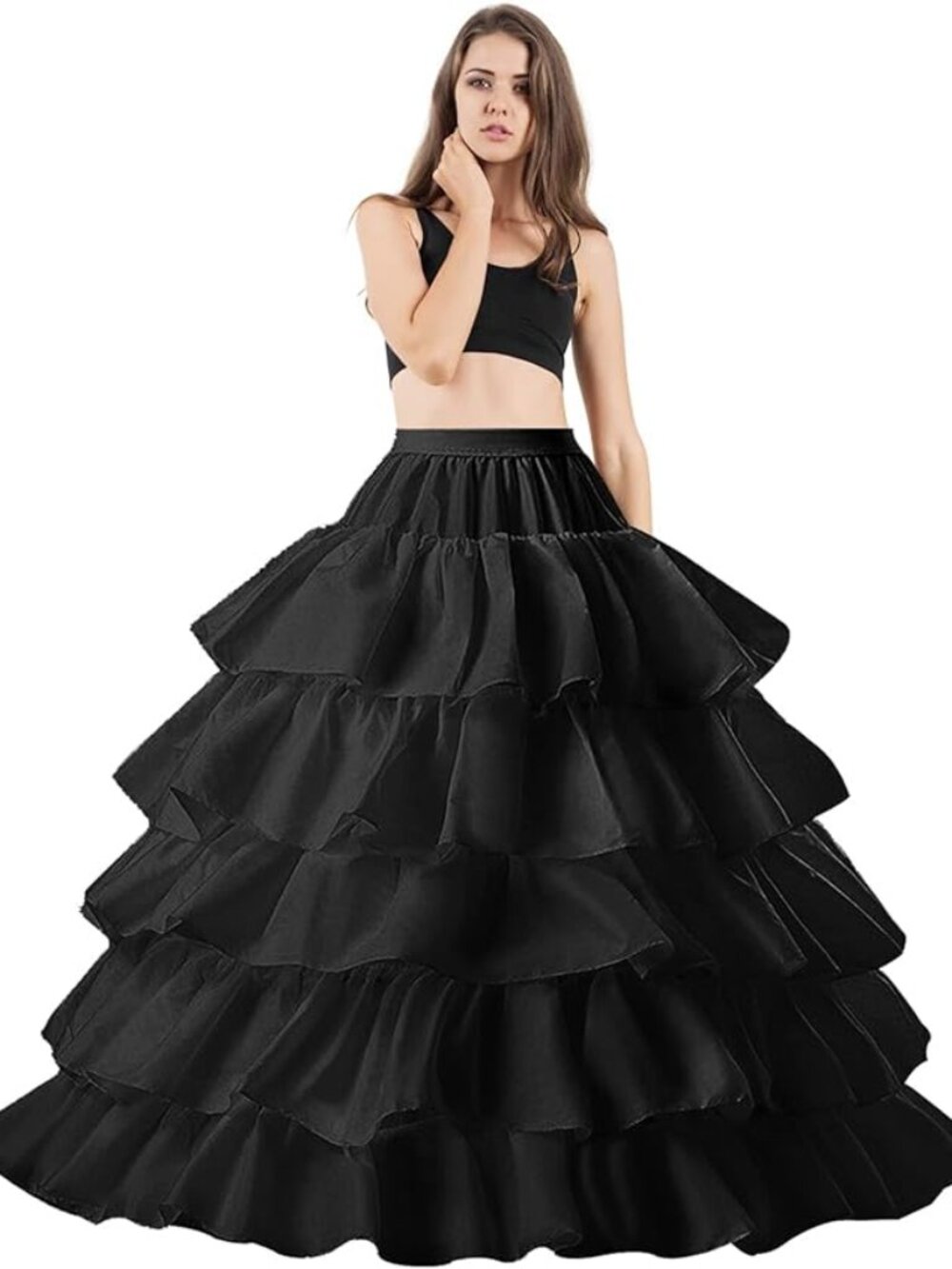 WOMEN’S BLACK 4 HOOP SKIRT 5 RUFFLES LAYERS PETTISKIRT ELASTIC WAISTBAND